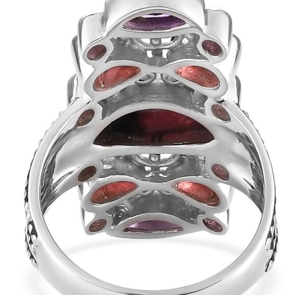 Rhodonite and Multi Gemstone Ring, Size 8, Platinum over Sterling Silver 4.7 ctw - Picture 5 of 6